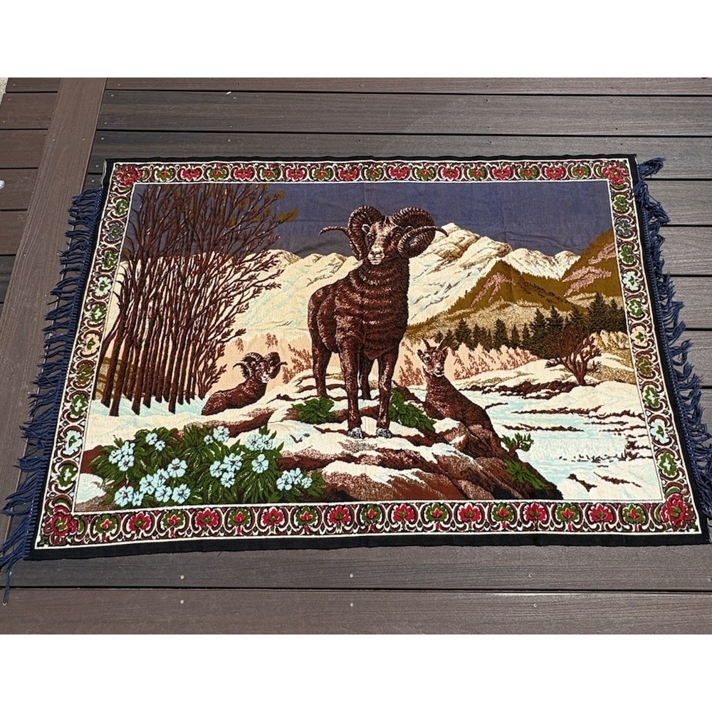 Vintage Wall Hanging Rug Wall Art Ram On Mountain Ornate Fabric Art 52"x39"